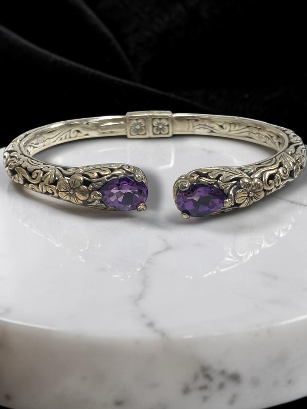 Estate Embossed Sterling Silver 925 Amethyst Cuff Hinged Bangle Bracelet! - Picture 16 of 16